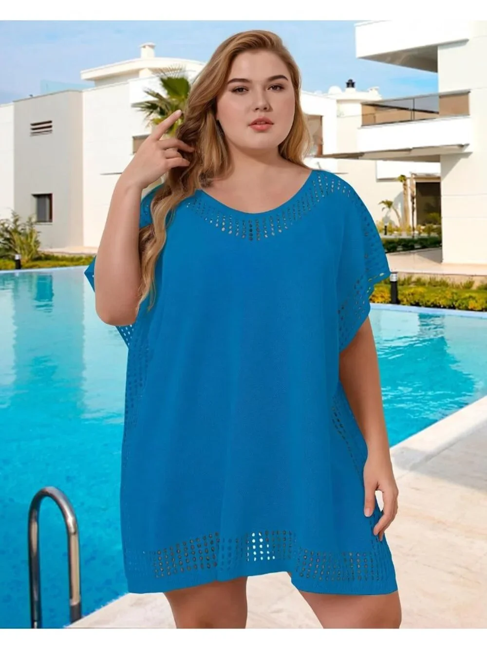 Women's Z Blue One Size Polyester Crochet Summer Swimsuit Coverup Dress